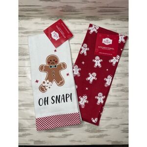 Holiday Kitchen Towels Gingerbread Man Oh Snap Red White Set of 2